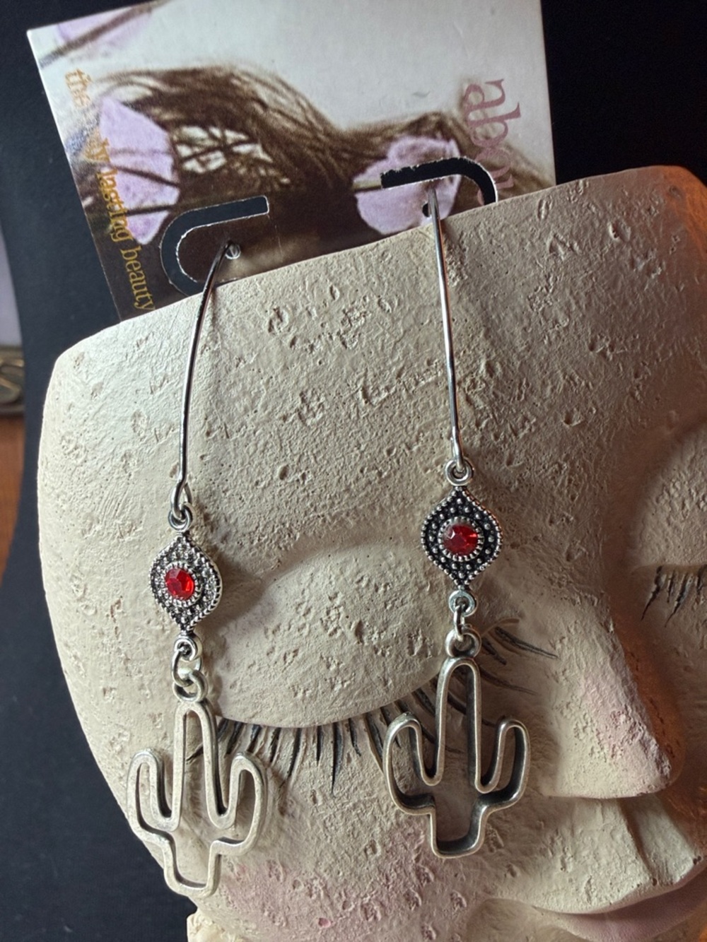 Silver Cactus Drop Earrings with Red rhinestone Accent